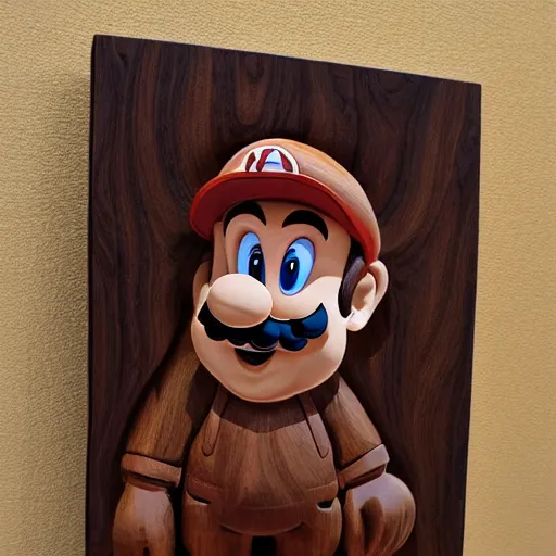 Prompt: abstract walnut wood carving of mario. Intricate details, hand carved, warm tones