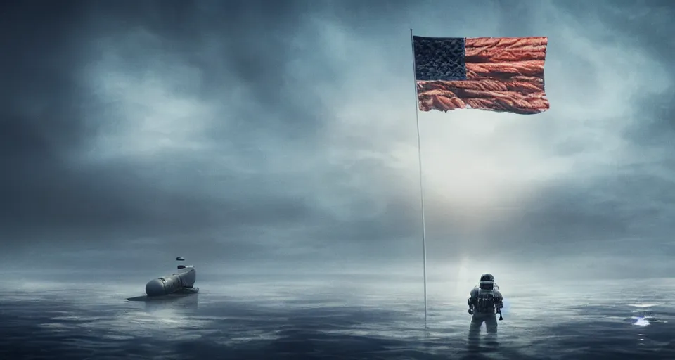 Image similar to astronaut holding a flag in an underwater desert. a submarine is visible in the distance. dark, concept art, cinematic, dramatic, atmospheric, 8 k, trending on artstation, blue, fish, low visibility, fog, ocean floor, christopher nolan, interstellar