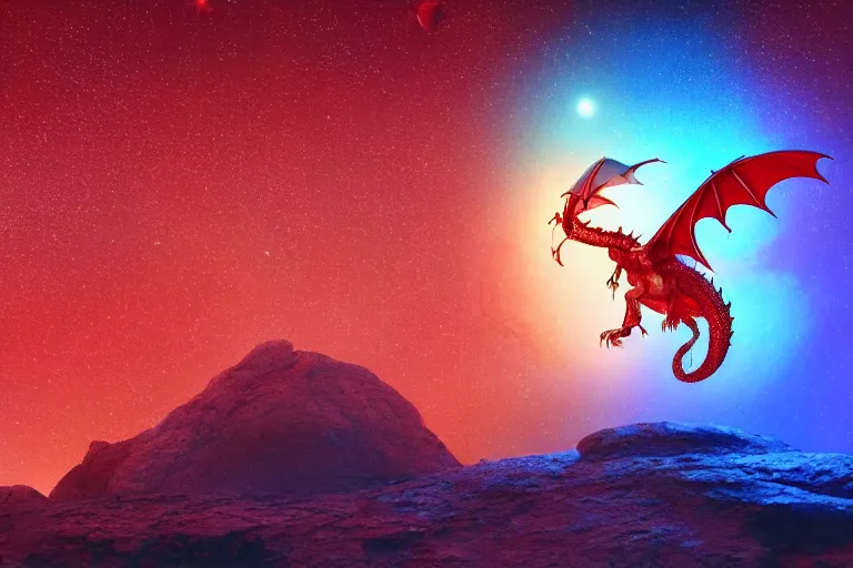 Image similar to A flying dragon on mars in the style of flooko, detailed art, acrylic, red lighting, fire, bokeh, psychedelic, glitch, neon, moon light, ambient lighting, cinematic lighting,