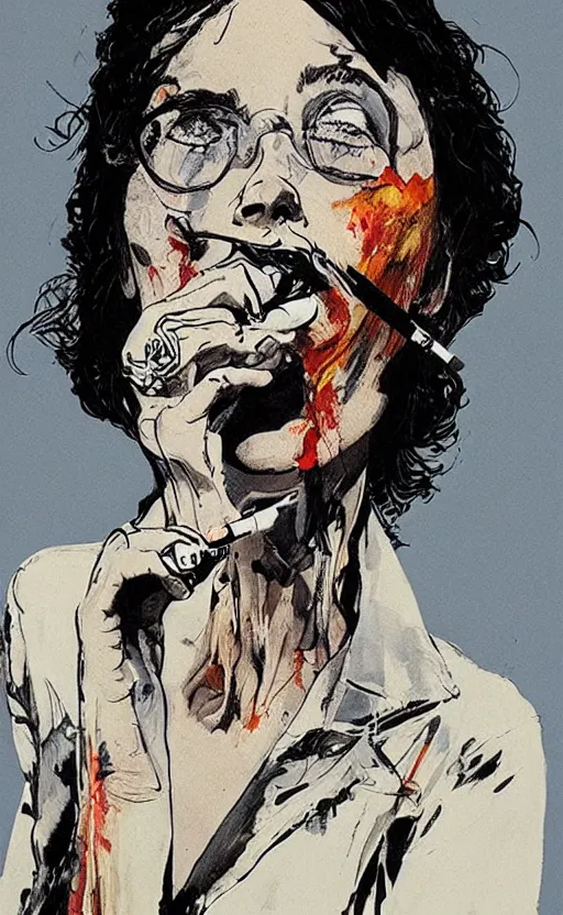 Prompt: woman smoking a cigarette artwork in the style of ralph steadman, 8 k, hyperrealistic, hyperdetailed