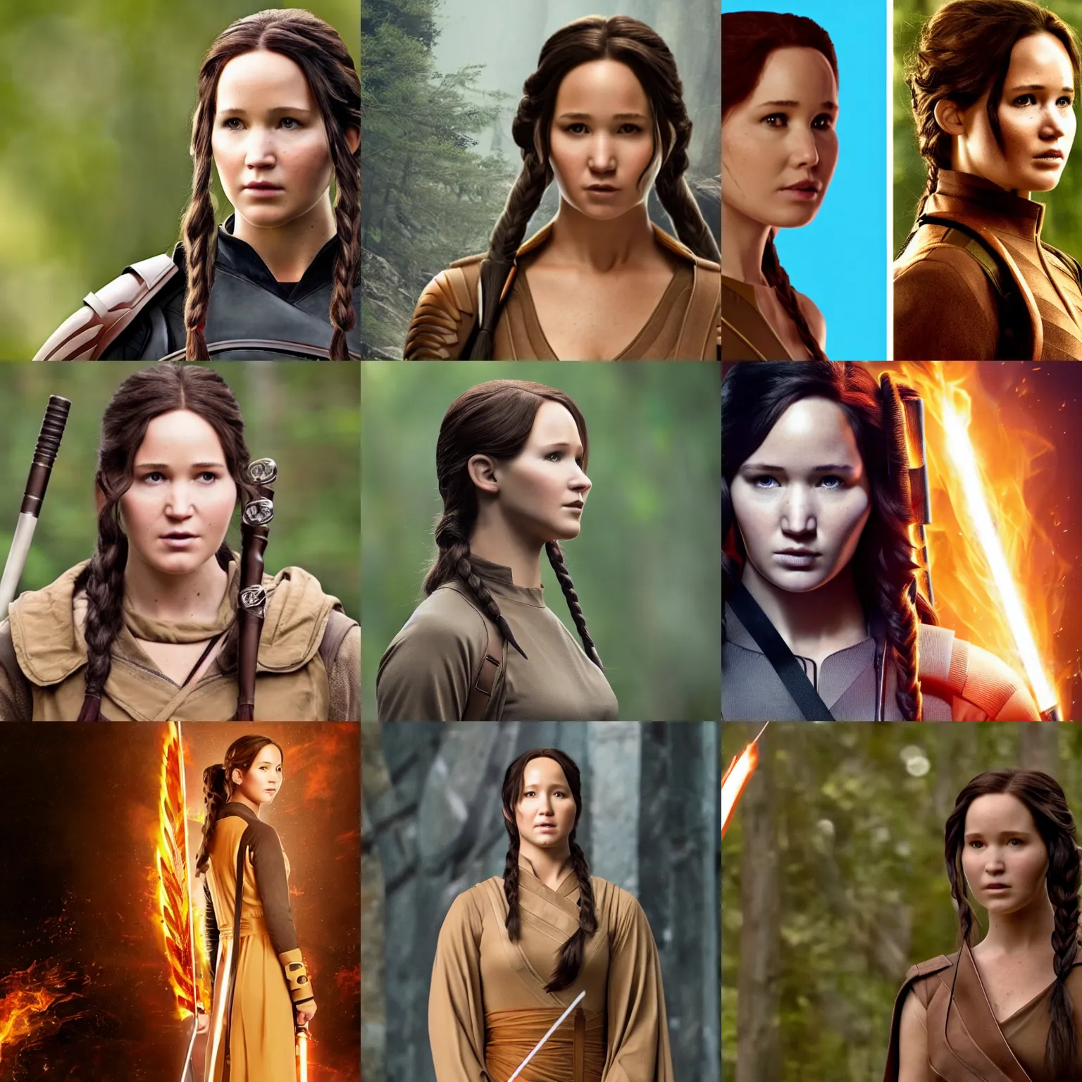 Prompt: ( ( ( ( ( katniss everdeen ) ) ) ) ) wearing tan - coloured jedi - robes!!!!!!!!!!, photo of head and upper body, 4 k / 8 k