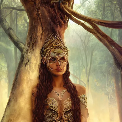 Image similar to portrait of a amazonian warrior tree bark skin archer expression of curiosity, beautiful, focused, elegant, art nouveau, dnd, sinuous, fantasy, mystical, magical aesthetics, illustration, photorealistic, soft lighting, unreal engine, matte painting, 4 k,