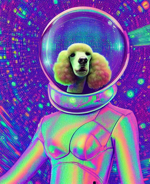 Prompt: a portrait of a beautiful poodle inside an holographic spacesuit, galactic landscape, cinematic, risographic, digital art, 4 k, vintage sci - fi, inspired by moebius, inspired by thim white, inspired by h. r. giger