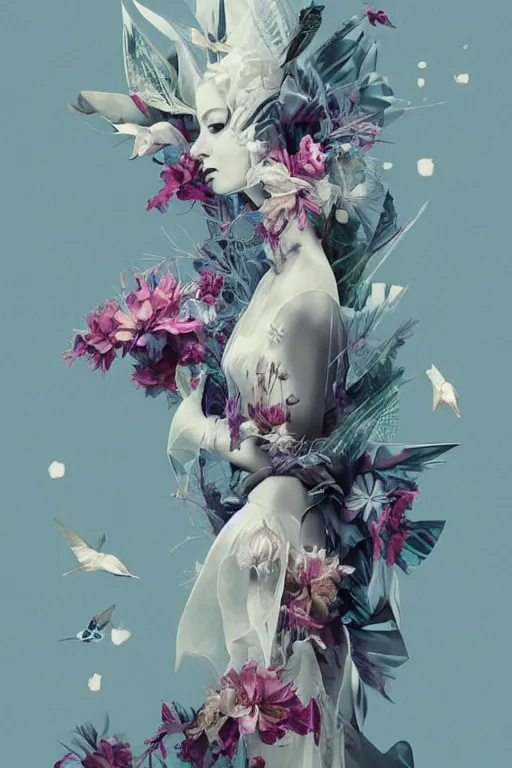 Prompt: full length fashion illustration of a beautiful girl wearing an origami dress, eye - level medium shot, fine floral ornaments in cloth and hair, hummingbirds, elegant, by eiko ishioka, givenchy, by peter mohrbacher, centered, fresh colors, origami, fashion, detailed, serene, dreamy, vogue, japanese, reallusion character creator