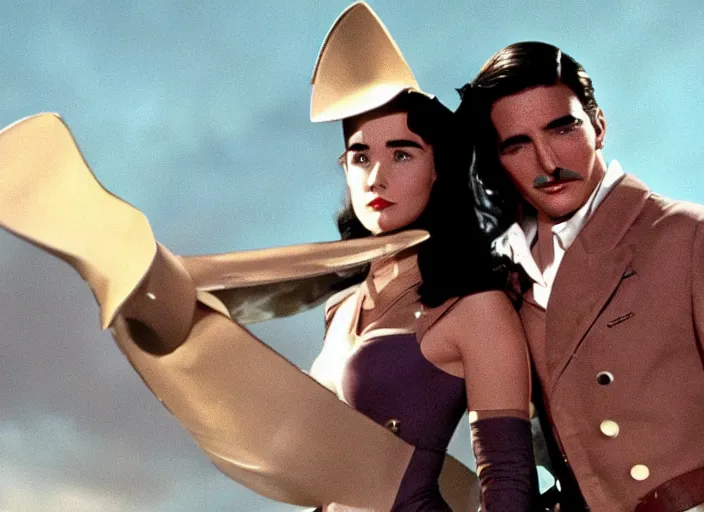 Prompt: a color movie still from the modern film the rocketeer featuring young cute jennifer connelly in her role as jenny blake ; color