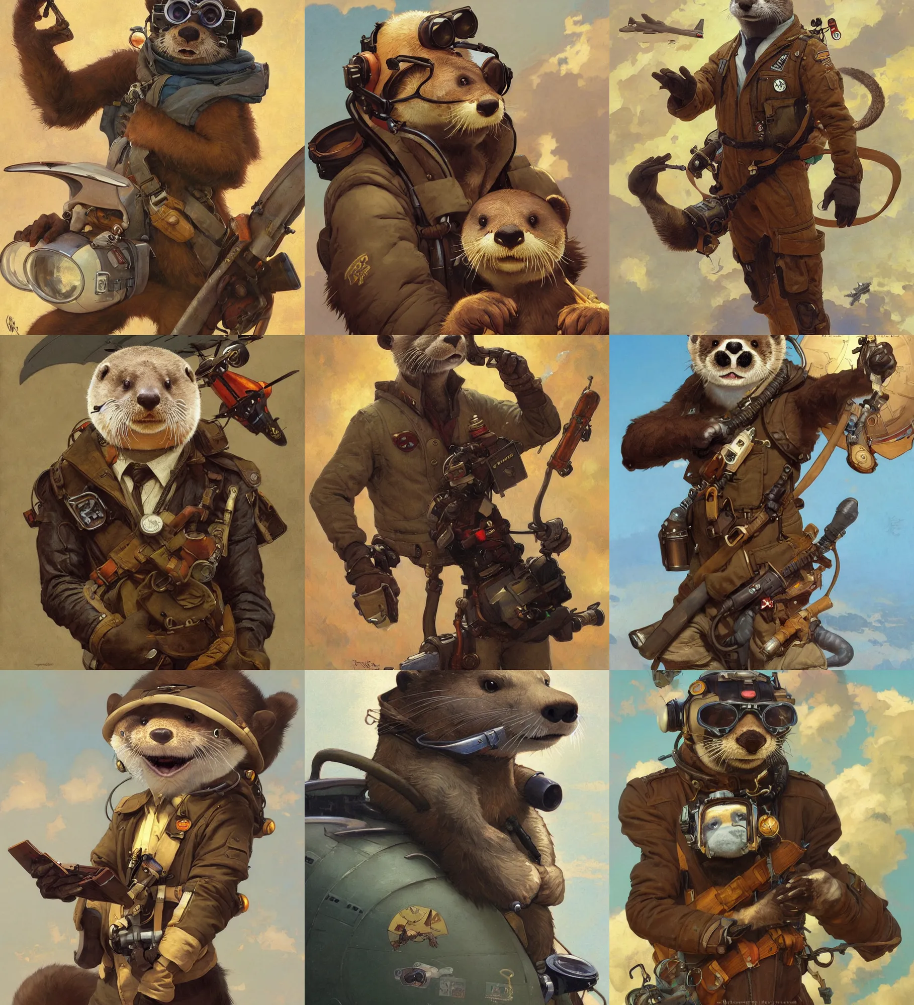 Prompt: anthropomorphic otter fursona aviator pilot. renowned character illustration by greg rutkowski, thomas kindkade, alphonse mucha, loish, norman rockwell. trending on artstation. digital art.