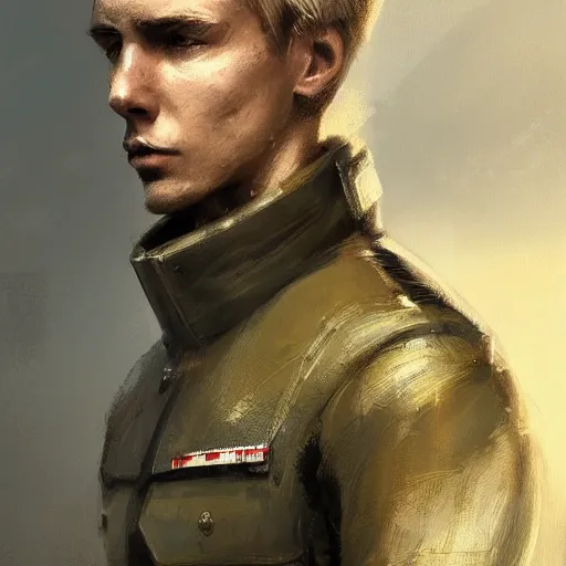 Image similar to Portrait of a man by Greg Rutkowski, he is about 20 years old, norwegian, short blond hair, young, manly, attractive, strong, older brother vibes, he is wearing futuristic military fatigues, highly detailed portrait, scifi, digital painting, artstation, concept art, smooth, sharp foccus ilustration, Artstation HQ