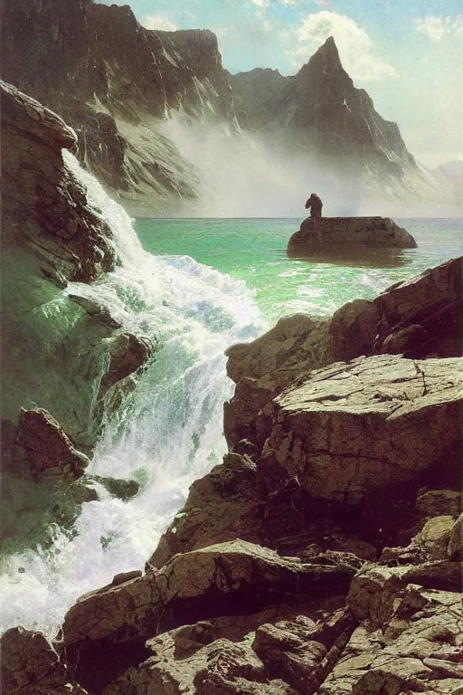 Prompt: a sea serpent emerges from lake in canadian rockies, water splashes cascades, beautiful day, by albert bierstadt, ruan jia, lawrence alma tadema, zdzislaw beksinski, carl spitzweg, everett raymond kinstler, norman rockwell, jack kirby, tom lovell, greg staples