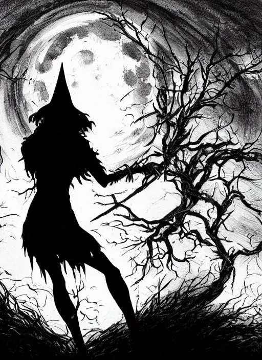 Image similar to portrait, silhouette of a witch in front of the full big moon, book cover, dramatic lighting, cinematic, establishing shot, extremly high detail, foto realistic, cinematic lighting, pen and ink, intricate line drawings, by Yoshitaka Amano, Ruan Jia, Kentaro Miura, Artgerm, post processed, concept art, artstation, matte painting, style by eddie mendoza, raphael lacoste, alex ross