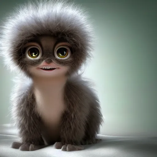 Image similar to a cute little baby monster with long fur, portrait, pixar style, extremely realistic photo, heaven background, cinematic lighting, award winning creature portrait photography