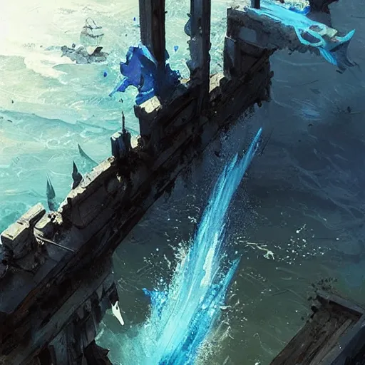 Image similar to a glaive!!! with blue water!! dripping from the top, style of greg rutkowski