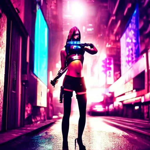 Prompt: “sensual cyberpunk girl with guns in her hands failing on the city, ultra realistic, neon lights, photo, 8k”