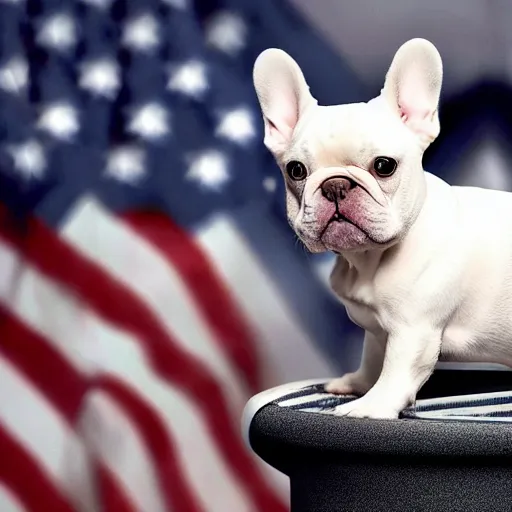 Image similar to A white french bulldog as the president of the united states, running for reelection for the year 2024, 8k hdr movie still, dynamic lighting, detailed