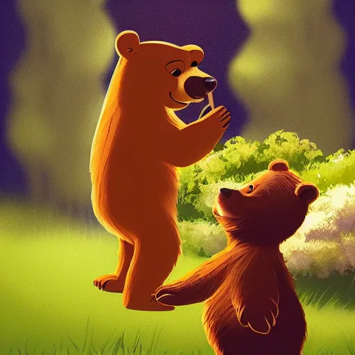 Image similar to yogi bear selling popcorn, artstation, forest background,