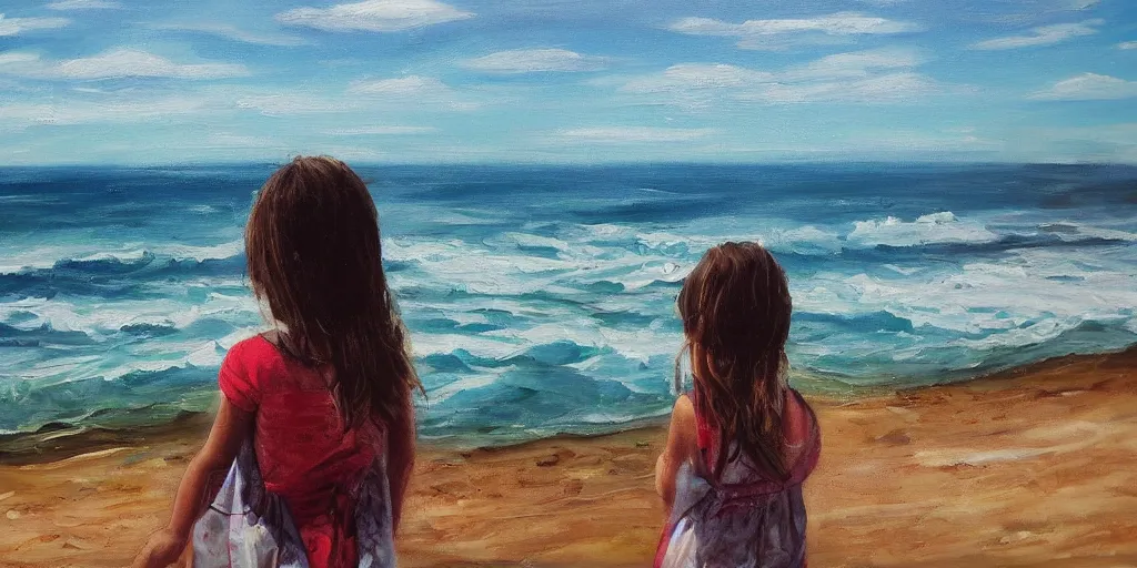 Prompt: girl looking at the ocean waves, superwide angle, zoom out, Leon Bosko painting style