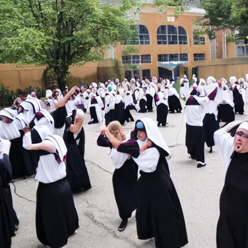 Prompt: Fecal matter sprayed on a crowd of nuns dancing outdoors