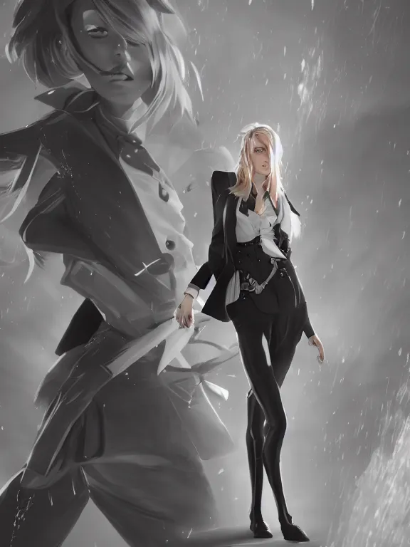 Image similar to illustration of annie leonhart inside arcane universe wearing an elegant tailcoat, au naturel, hyper detailed, digital art, trending in artstation, arcane league of legends, cinematic lighting, studio quality, smooth render, unreal engine 5 rendered, octane rendered, concept art, smooth, sharp focus, illustration