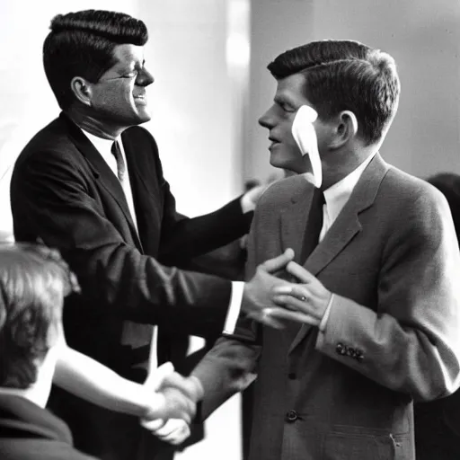 Image similar to a black and white photo of john f kennedy shaking hands with the alien from et