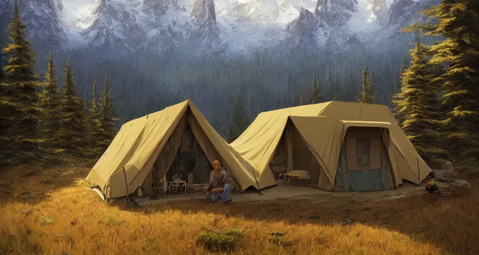 Image similar to cabela's beautiful comfortable self contained modular insulated wall container home kit - house all weather family dwelling tent house, person in foreground, mountainous forested wilderness open fields, beautiful views, painterly concept art, environmental concept art, concept art illustration, by james gurney, by craig mullins, by greg rutkowski trending on artstation