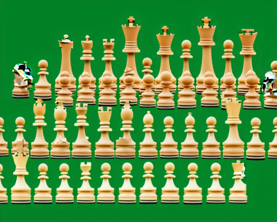 Prompt: a modern, ornate chess set on a green background. pop art.