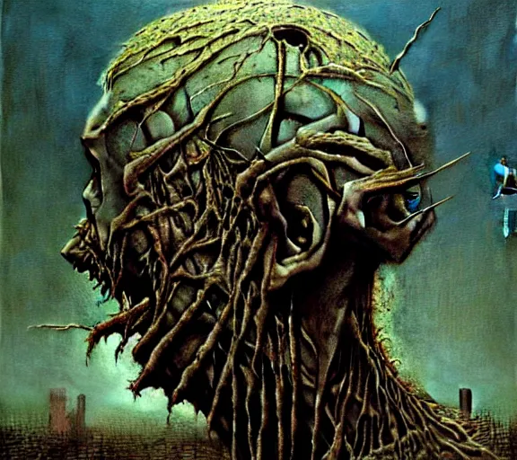 Image similar to face shredded like paper as skin peeling scream, dark, surreal, highly detailed horror dystopian surreal painting of eerie head statues and buildings by zdzisław beksinski, creepy, atmospheric, unsettling