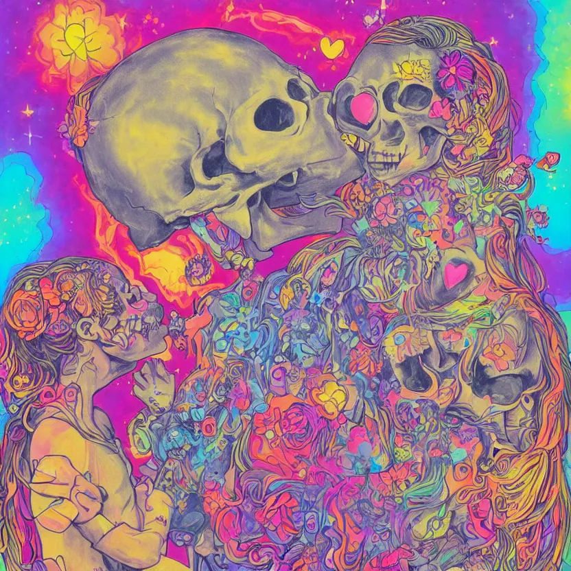 Prompt: a mixed media painting of a boy and a stunning girl kissing in a cloud of love. skull atoms, gothic harts, flowers, spaceships, with a cigarette in its mouth, poster art by lisa frank, behance contest winner, psychedelic art, psychedelic, high detailed, groovy