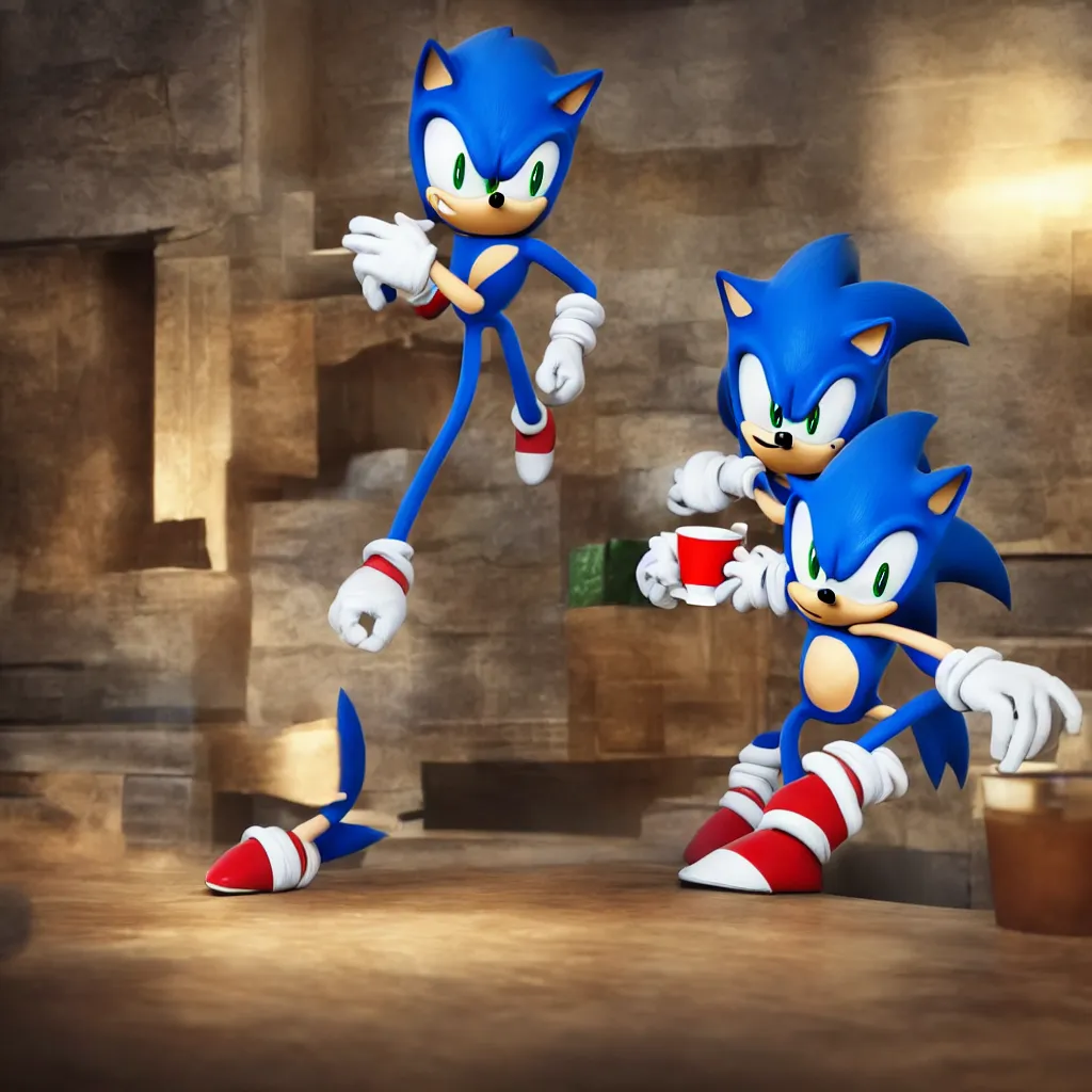 Image similar to Sonic having a cup of tea at starbucks. Beautiful composition, 3d render trending on artstation, medium shot, indoor smooth light