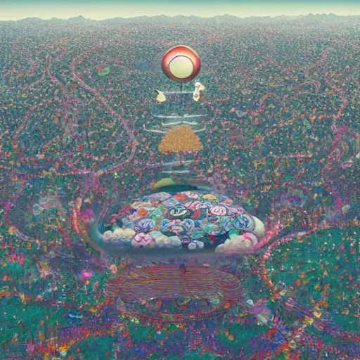 Image similar to a man walking on clouds away from the camera above kyoto by takashi murakami, beeple and james jean, aya takano color style, 4 k, super detailed, modern, 4 k, symmetrical