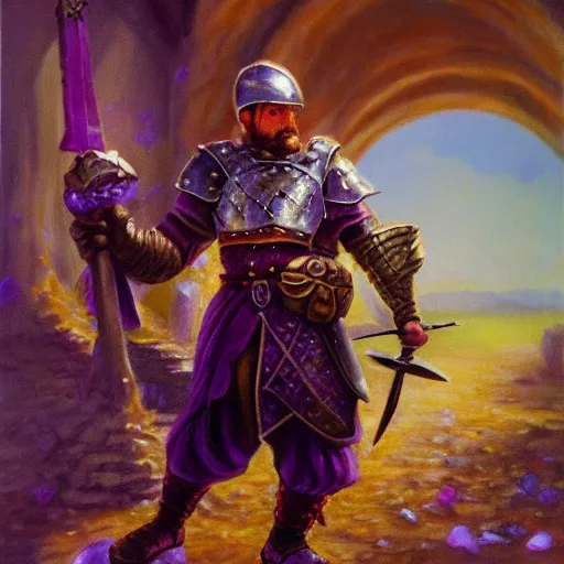 Image similar to armored mouse warrior holding a sword reaches for a floating purple crystal, Oil Painting, RPG Portrait, 8k scan