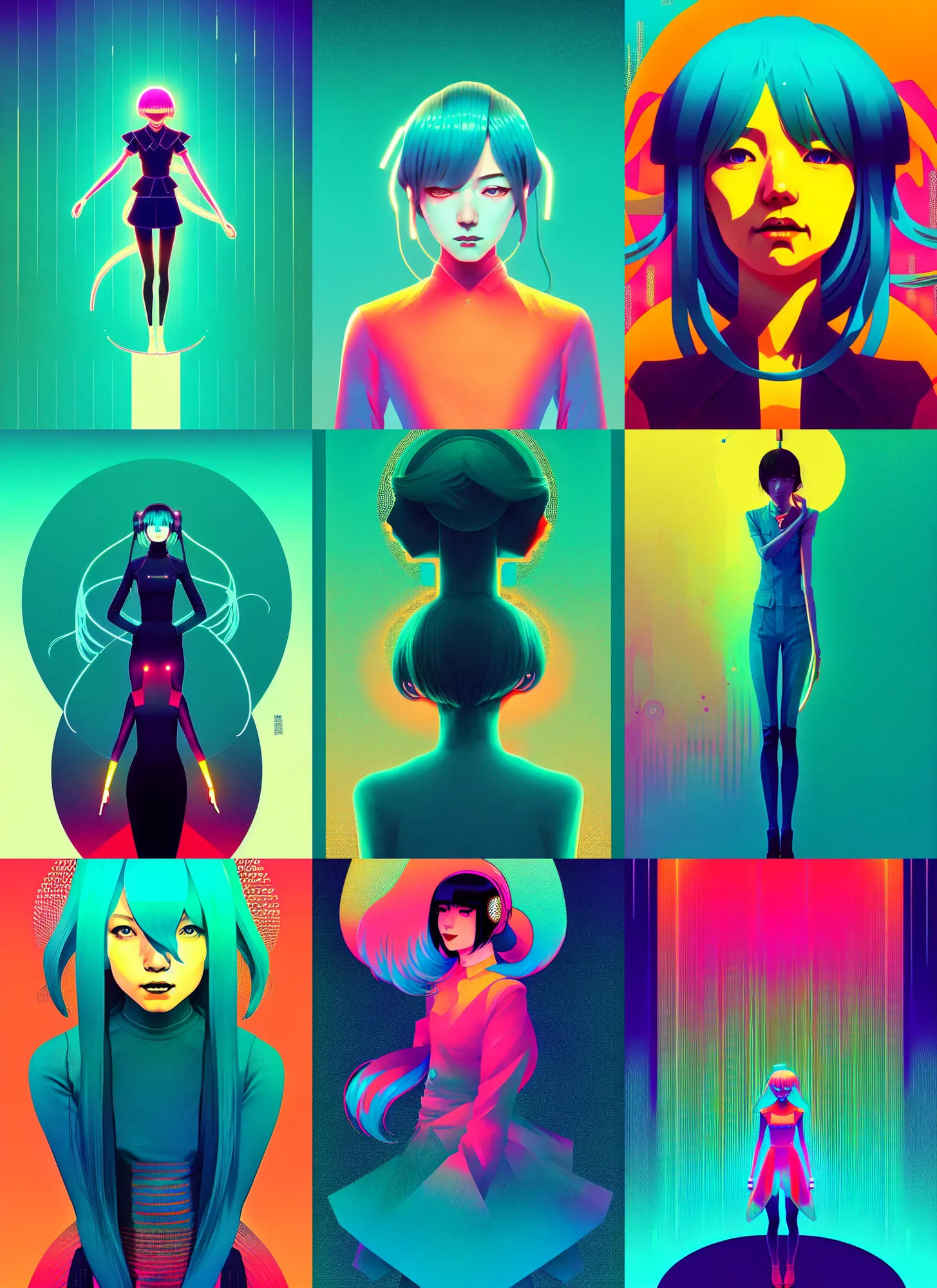 Prompt: ( ( dither ) ), editorial illustration portrait of hatsune miku, dynamic pose, modern art deco, colorful, ( ( mads berg ) ), christopher balaskas, victo ngai, grainy texture, detailed, dynamic composition, wide angle, moebius, volumetric