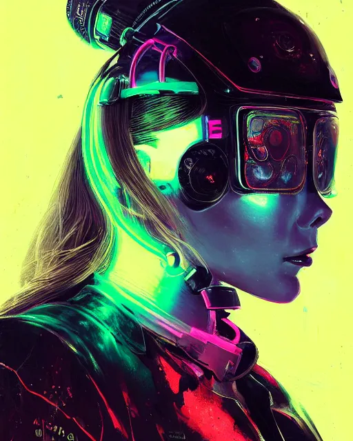 Image similar to detailed portrait of elizabeth olsen as a neon operator girl, cyberpunk futuristic, neon, reflective puffy coat, decorated with traditional japanese by ismail inceoglu dragan bibin hans thoma greg rutkowski alexandros pyromallis nekro rene margitte, illustrated, perfect face, fine details, realistic shaded, fine - face, pretty face