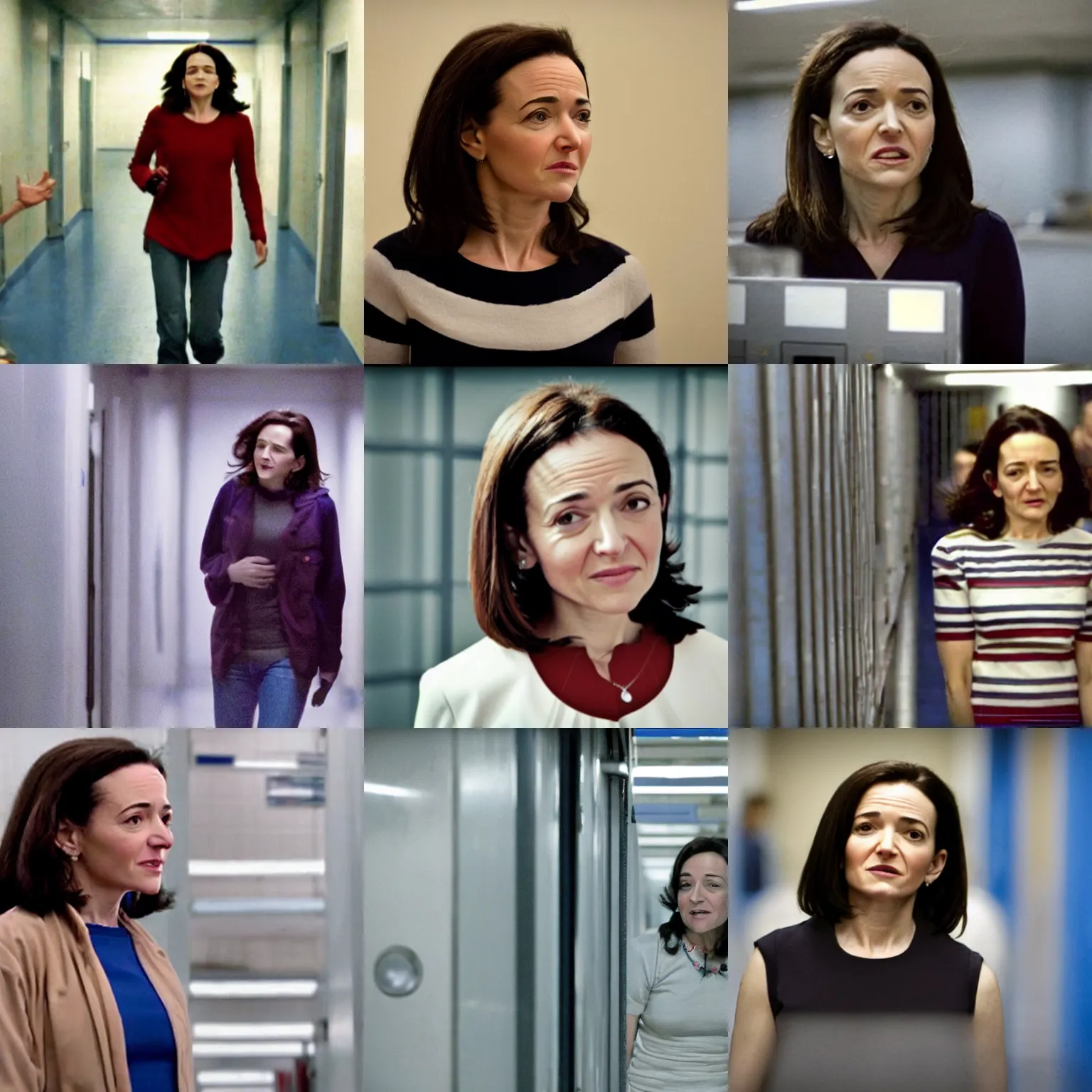 Prompt: Movie still of Sheryl Sandberg imprisoned in Supermax in Facebook The Movie, directed by Steven Spielberg