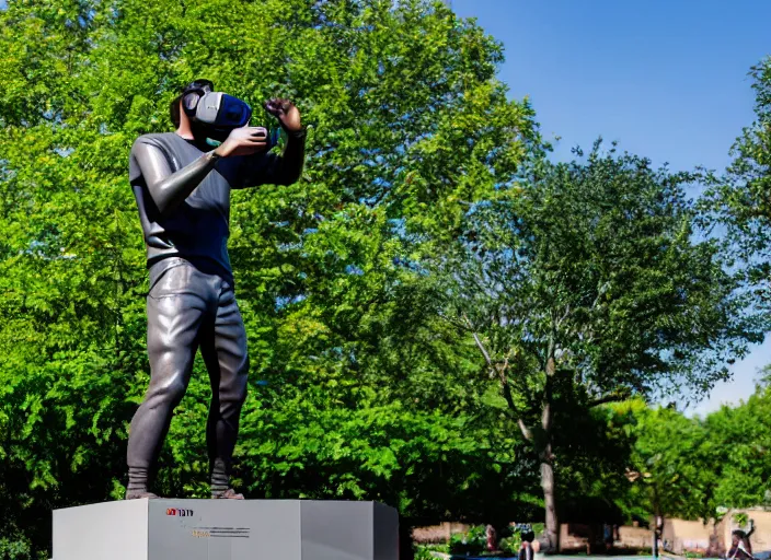 Image similar to photo still of a bronze statue of a man gaming in vr in a park on a bright sunny day, 8 k 8 5 mm f 1 6