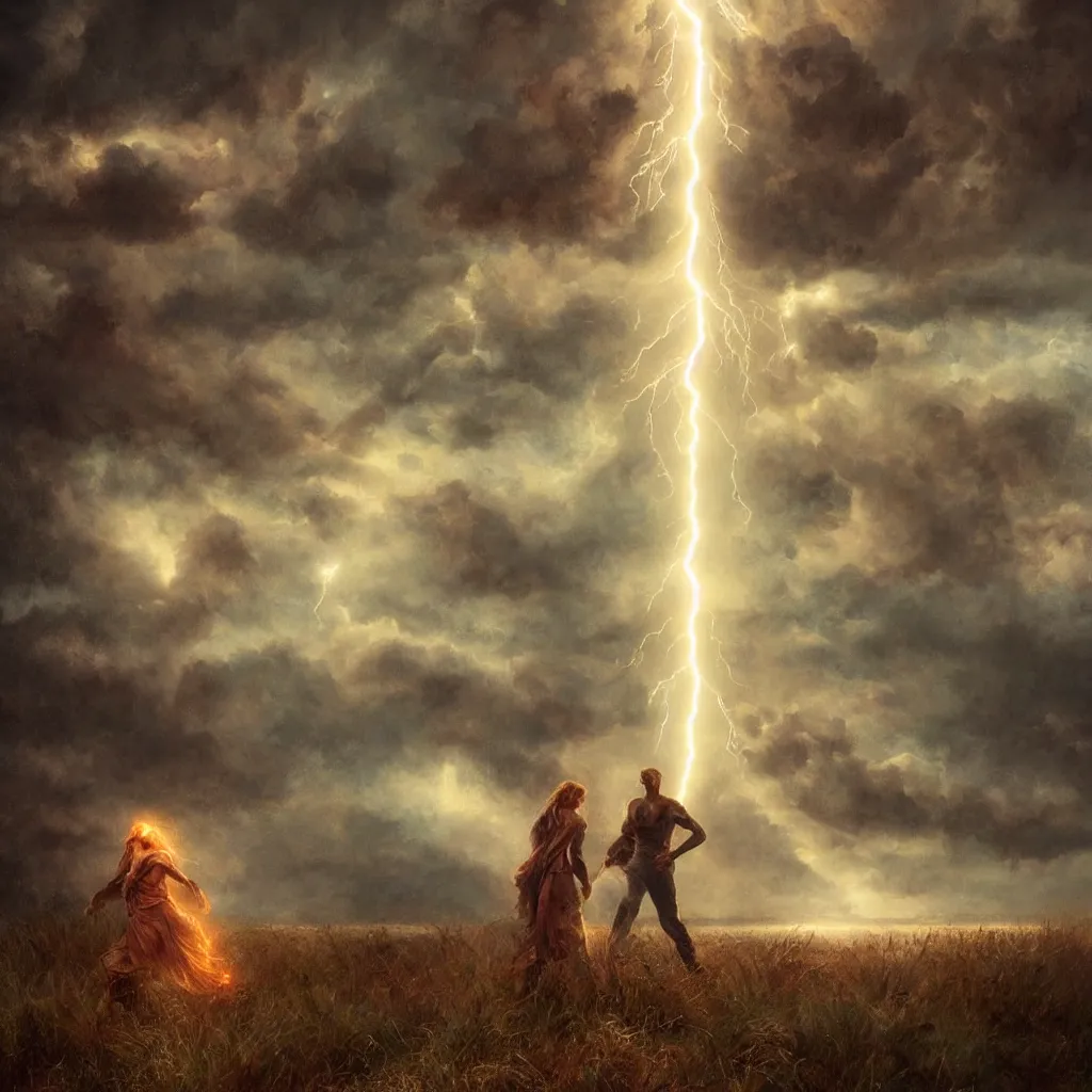 Image similar to huge towering magical lightning storm, extreme drama, distant glowing figures, hdr, movie still, fully photorealistic, sharp luminescent focus, nd 6, art by john collier, albert aublet, krenz cushart, artem demura, alphonse mucha, diffuse lighting, artstation, smooth, textless, sharp focus,