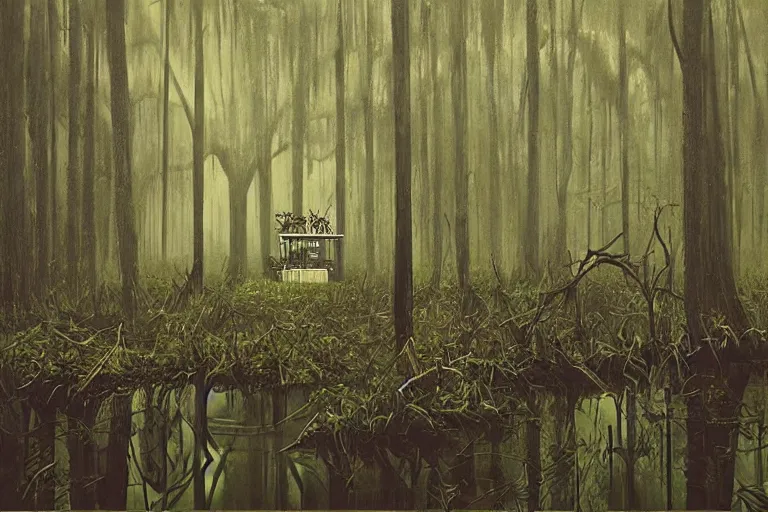 Prompt: scene from louisiana swamps, airboat, neon farm, big oak, pentagram, boy scout troop, voodoo artwork by tim eitel