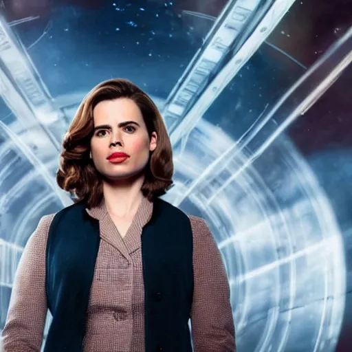 Image similar to a beautiful full body photograph of hayley atwell as'doctor who ', time vortex in the background, detailed face, symmetrical face, extreme realism and detail, 8 k, completely framed, direct lighting, 3 5 mm photo, photorealistic, sharp focus