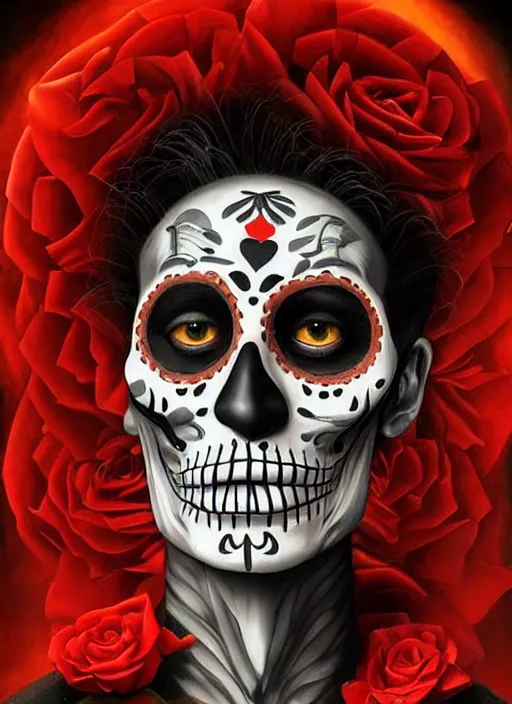 Image similar to dia de los muertos hombre theme surrealist art in the styles of igor morski, jim warren, and a tim burton film, intricate, masculine, hyperrealistic, accurate facial details, profile picture with chromakey!!!!! background, volumetric lighting