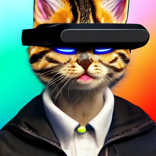 Image similar to crypto trading lyoki kitten from the future, wearing a cool vr headset 8 k hyperrealistic, trending on artstation