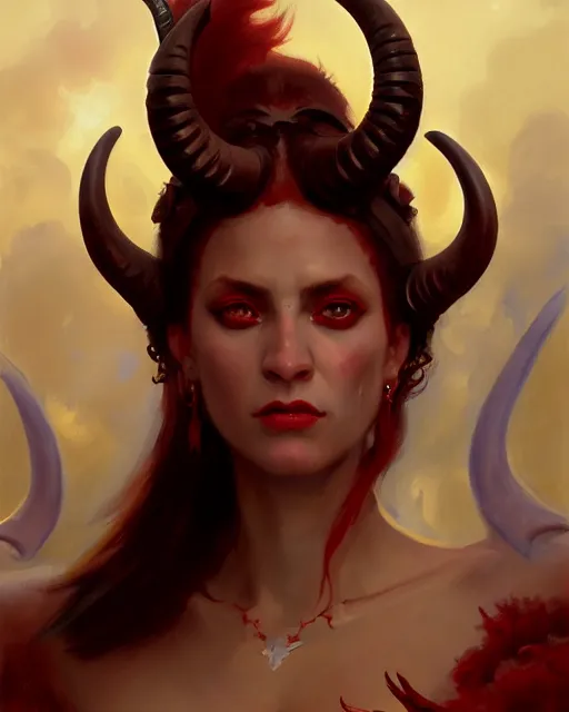 Image similar to painted close - up portrait of a red - skinned intimidating demon girl with ram horns. oil painting, wearing a noblewoman's outfit, fantasy art by greg rutkowski and john singer sargent and gaston bussiere and greg rutkowski, demon noble character design, hd