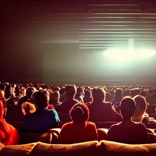 Image similar to movie theatre of people looking down at their cell phones while the movie is showing. image taken at front of theatre looking towards the crowd. dark only light coming from the screen. audience illuminated