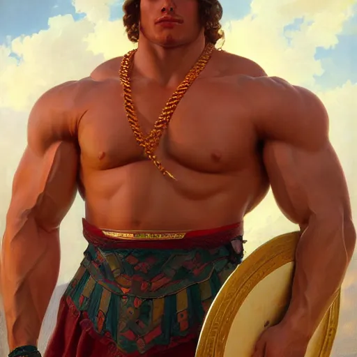 Image similar to the ultimate Peruvian gigachad, muscular man, oil on canvas artstation by J. C. Leyendecker and Edmund Blair Leighton and Charlie Bowater octane render