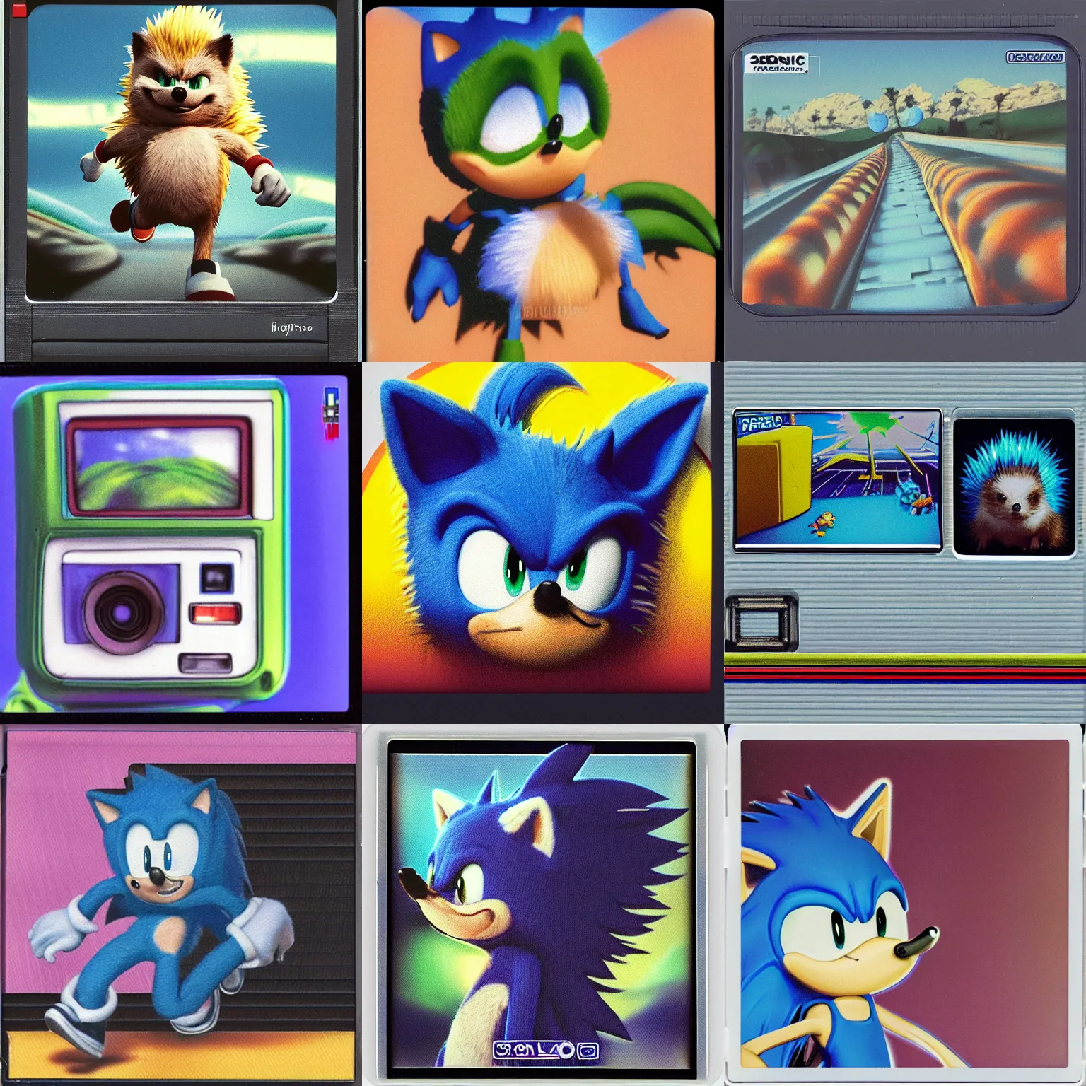 Prompt: polaroid instax portrait of sonic hedgehog and a matte painting landscape of a surreal, sharp, detailed professional, soft pastels, high quality airbrush art album cover of a liquid dissolving airbrush art lsd dmt sonic the hedgehog swimming through cyberspace, holo checkerboard background, 1 9 9 0 s 1 9 9 2 sega genesis rareware video game album cover
