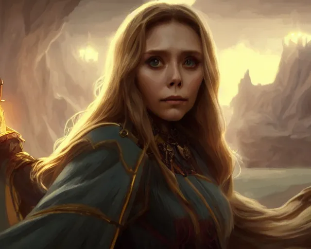 Image similar to a gaming screenshot still portrait of elizabeth olsen in final fantasy, deep focus, d & d, fantasy, intricate, elegant, highly detailed, digital painting, artstation, concept art, matte, sharp focus, illustration, dark fantasy style art, hearthstone, art by artgerm and greg rutkowski and alphonse mucha