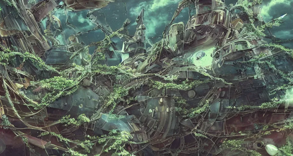 Image similar to close - up broken collided flying ship taken by ferns and vines, highly detailed, sharp focus, matte painting, by studio ghibli, by giovani magana,