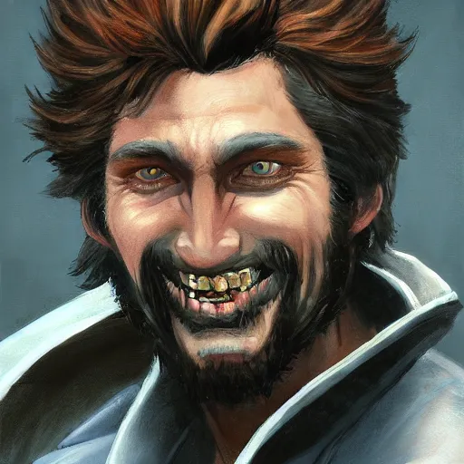 Prompt: cassidy, jesse custer, beautiful portrait painting of a very short and small male halfing bard with brown hair with some grey hairs, full beard, ridiculous smile, from pathfinder, evil smirk, narcissist, self centered, casting fireball, painted by larry elmore, wayne reynolds, greg rutkowski, magic the gathering, dungeons and dragons, dishonored 2