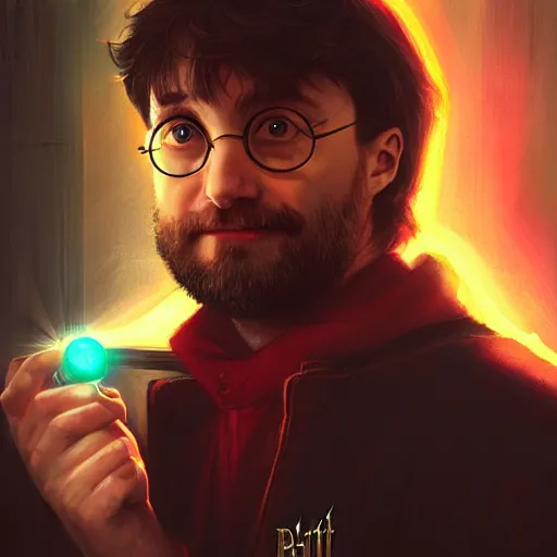 Image similar to closeup portrait of Harry Potter with faciap in cyberpunk, neon lighting, holding laser wand, digital art from artstation by Ruan Jia and Mandy Jurgens and Artgerm and william-adolphe bouguereau and Greg Rutkowski and Wayne Barlowe