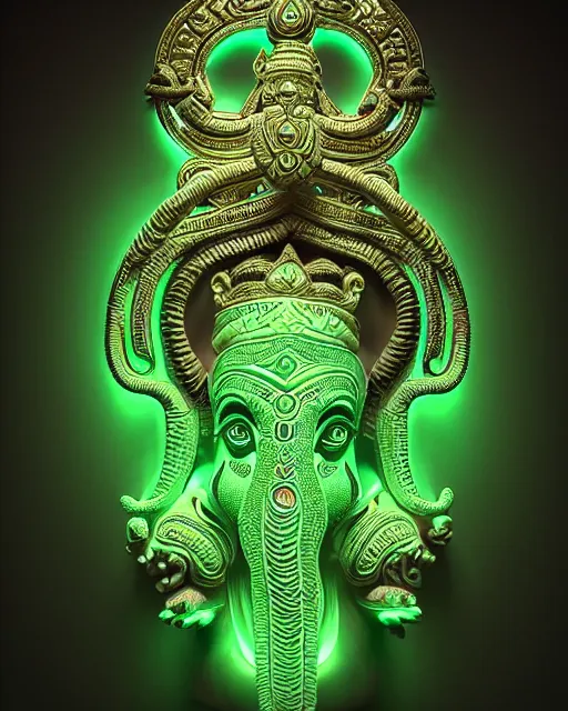 Image similar to 3 d ornate carved ganesha with profile portrait, sigma 5 0 0 mm f / 5. beautiful intricate highly detailed quetzalcoatl skull. neon green glow bioluminescent, plasma, lava, ice, creature, thunderstorm! artwork by tooth wu and wlop and beeple and greg rutkowski, 8 k trending on artstation