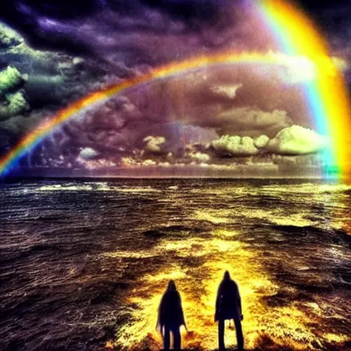 Image similar to Souls floating in the presence of God, HDR, Beautiful, Epic, Cinematic, Rainbows, Holy. HDR