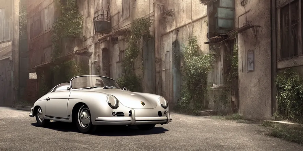 Image similar to a wholesome animation key shot of a focused old silver Porsche 356 roadster car parked in an abandoned alleyway, medium shot, waist up, studio Ghibli, Pixar and Disney animation, sharp, very detailed, high resolution, Rendered in Unreal Engine 5, anime key art by Greg Rutkowski, Bloom, dramatic lighting