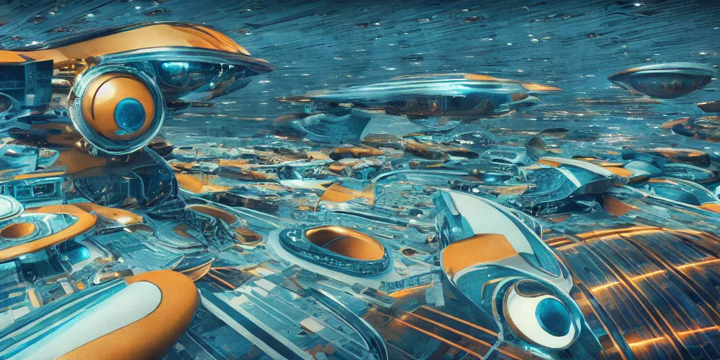 Image similar to cinematic still of hyper detailed realistic afro futurist spaceport designed by frank lloyd wright architect, retro flying aircraft cyborgs, deep perspective, wide angle, insanely detailed and intricate, teal gold and orange color scheme,